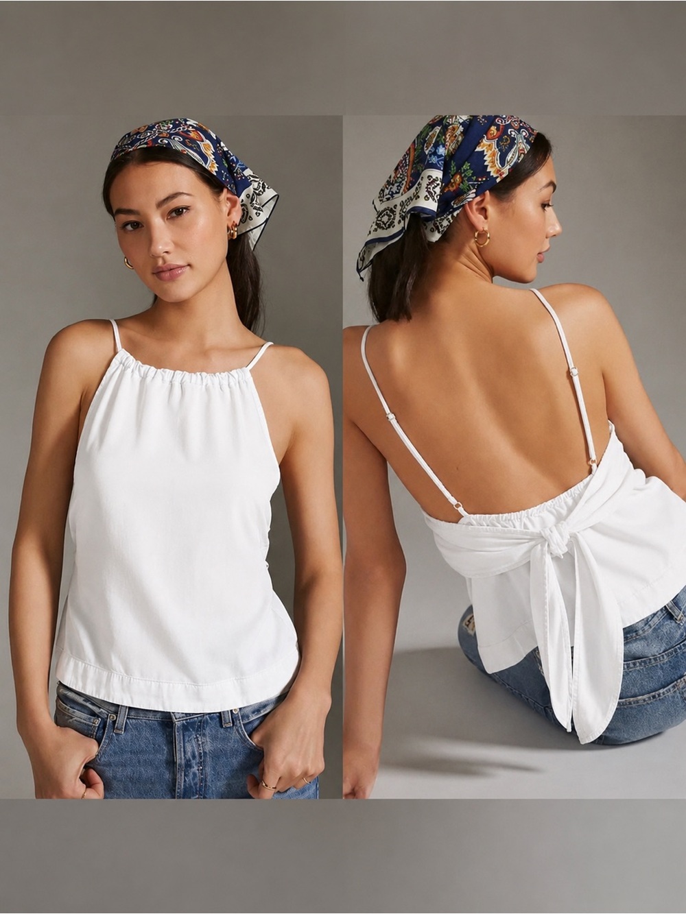 Anthropologie Cloth and Stone White Tie-Back Halter Cami Top, sz Large
